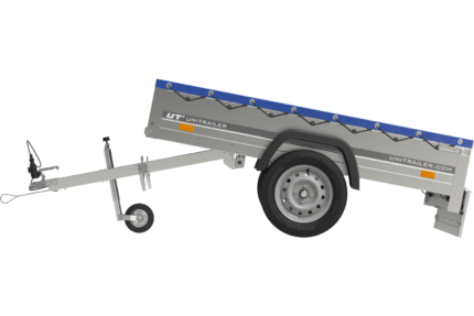 Garden Trailer 200 Kipp Einachsanhänger mit Stützrad und blauer Flachplane